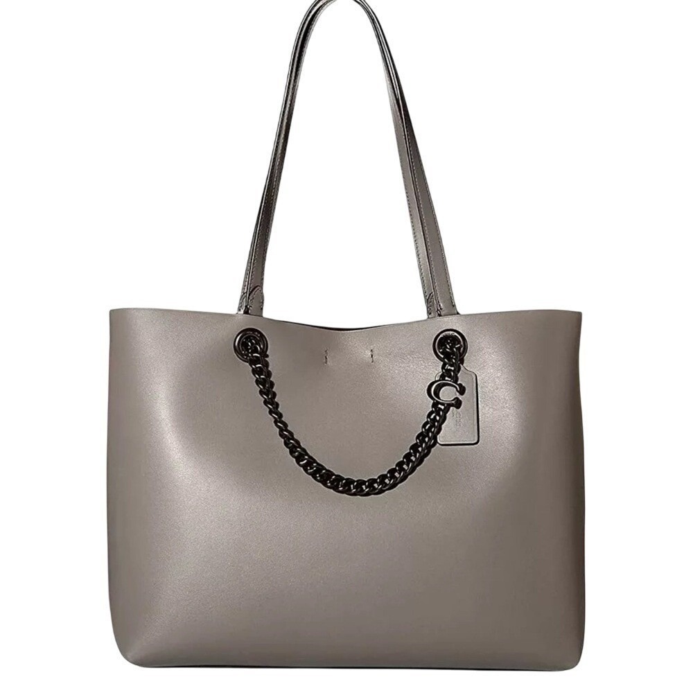 Coach Heather Chain Central Tote Bag Shoulder Bag Gray Leather Gunmetal Hardware